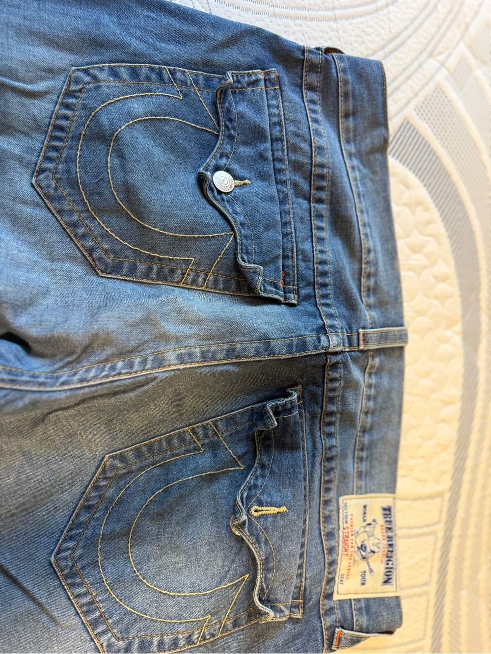 True Religion Men's Medium Blue Slim Straight Jeans with Signature Pocket Stitch